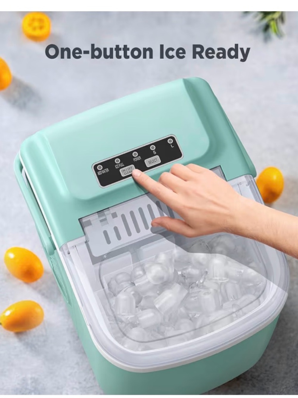 Compact One-Button Ice Maker in Mint Green